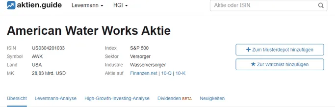 Allgemeine Informationen zu American Water Works (Consorsbank Sparplan)