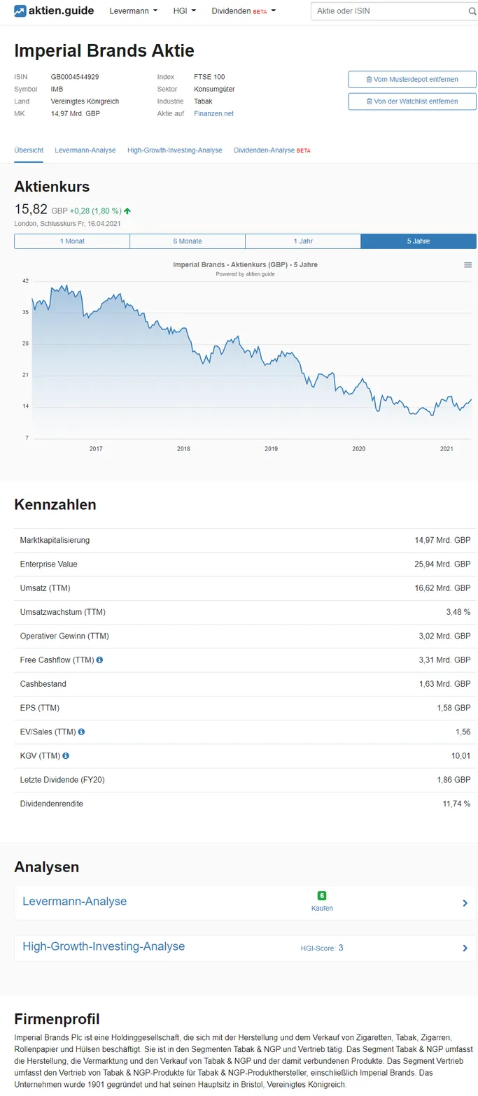 Allgemeine Kennzahlen zu Imperial Brands