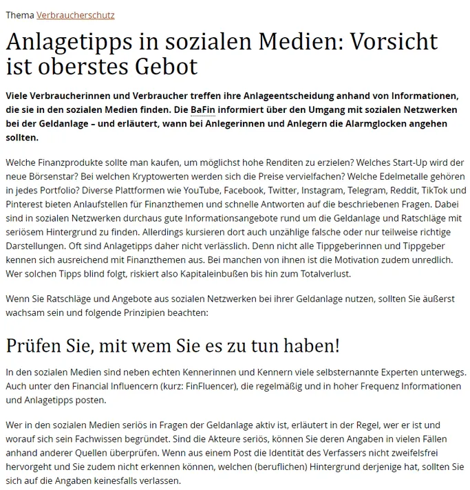 Ausschnitt aus dem Artikel (Bildquelle: BaFin Homepage)