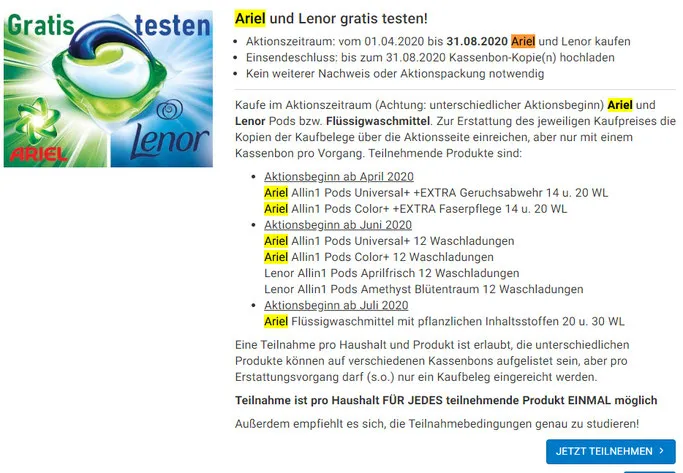 Cashback durch Ariel über Sparwelt - Casback und Gratis Produkte kostenfrei erhalten