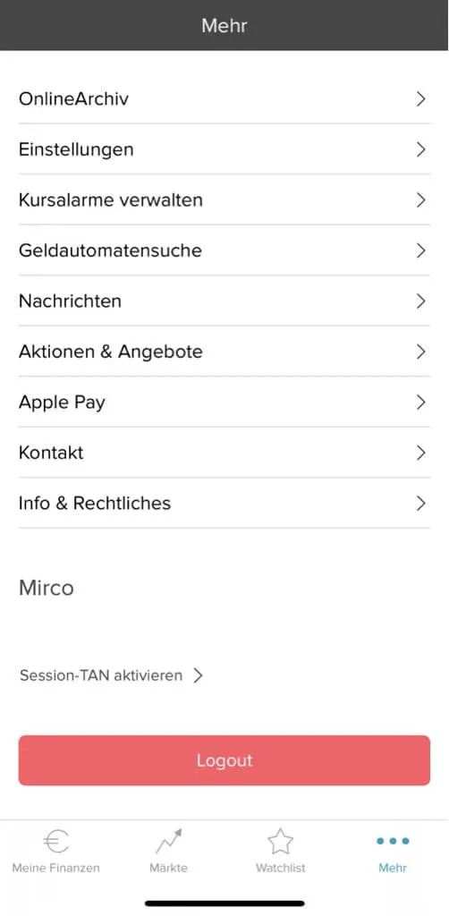 Consorsbank App Screenshot der Einstellungen