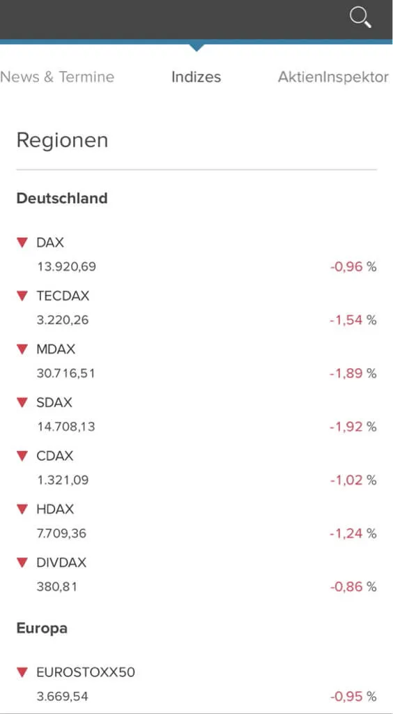 Consorsbank App Übersicht über die einzelnen Indizes