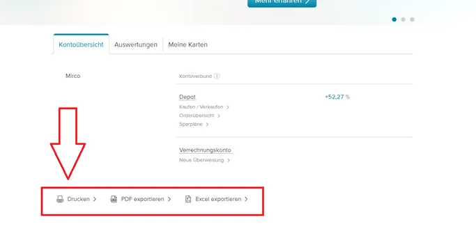 Consorsbank Depot Drucken, PDF exportien, Excel exportieren