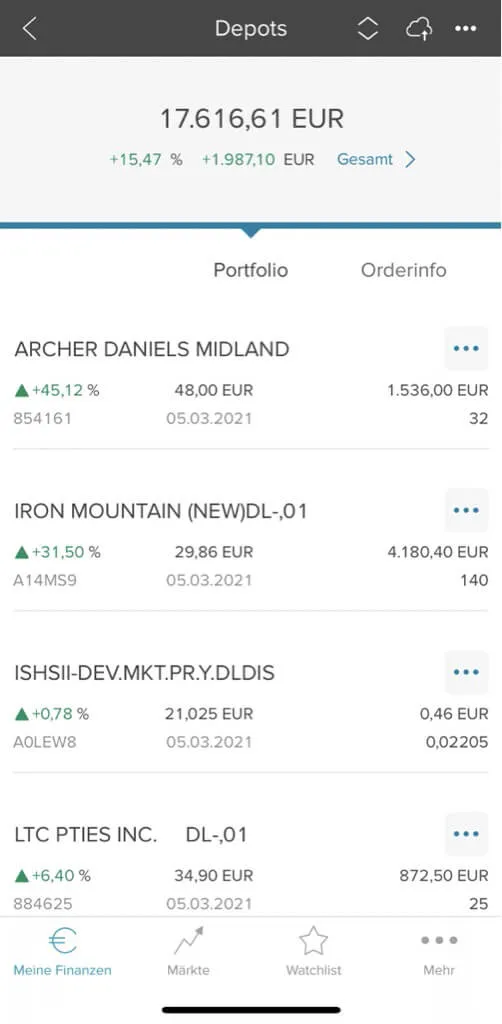 Consorsbank Depot Übersicht über die einzelnen Aktien und ETFS