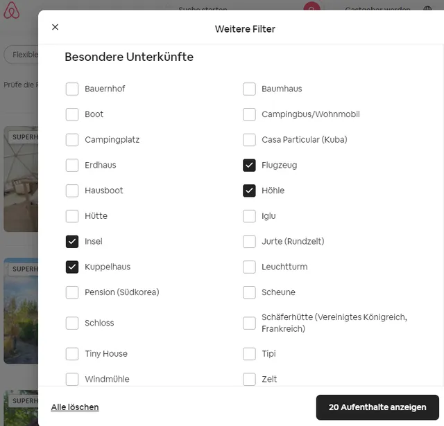 Filter Möglichkeiten von Airbnb