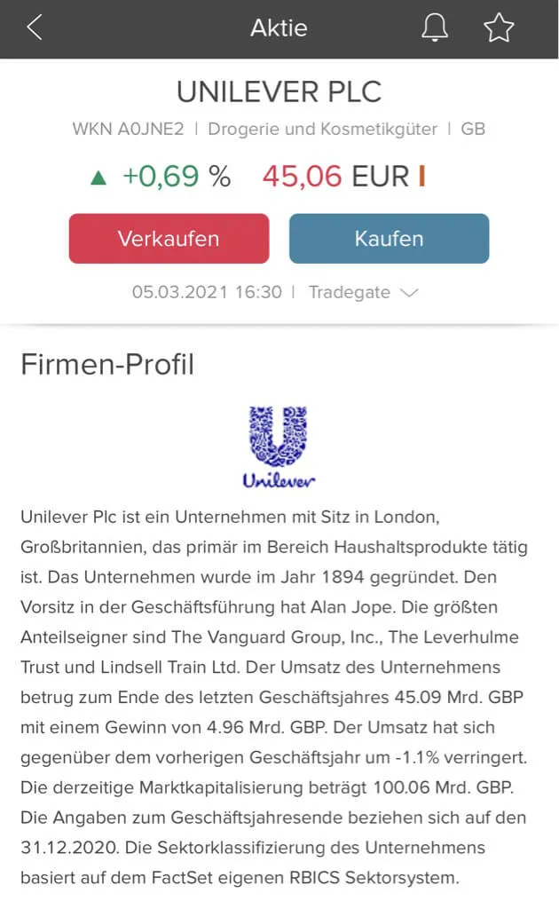 Firmen Profil von Aktien in der Consorsbank App