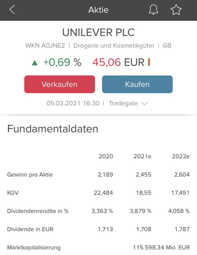 Fundamentaldaten von Aktien und ETFs in der Consorsbank App Depot Broker