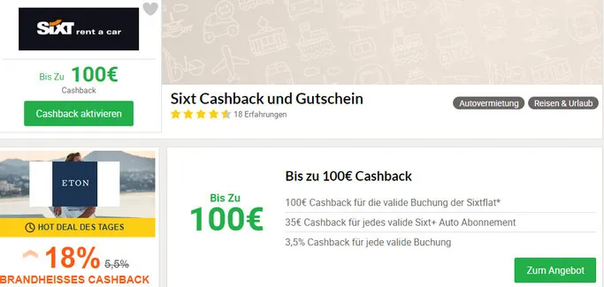 IGraal Payback, Shoop Cashback für Sixt Buchungen Aktionärtarif
