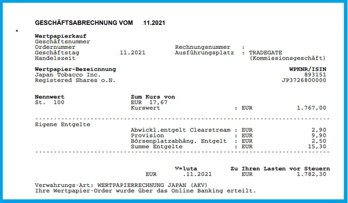 Wertpapierkaufabrechnung von Japan Tobacco