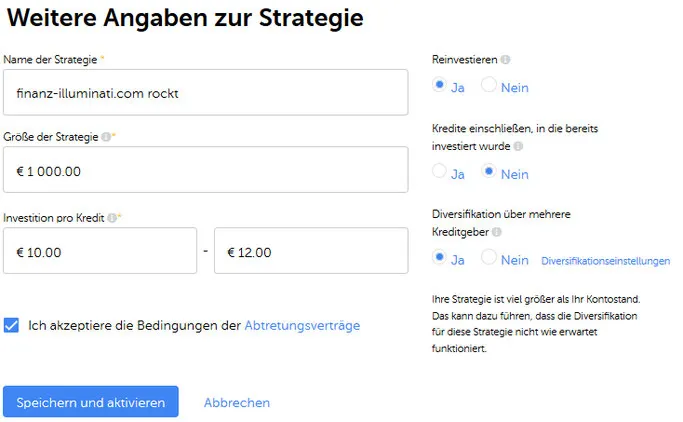 Mintos Auto Invest Einstellungen: Weitere Angaben zur Strategie?