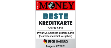 Focus Money Auszeichnung: Beste Kreditkarte (Charge-Karte) für die Payback American Express, Bestnote mehrfach vergeben, DFSI Ratings, Ausgabe 42/2025.