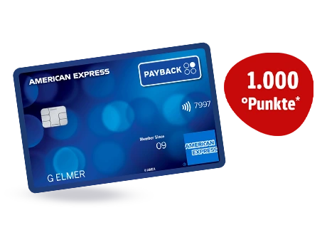 Payback American Express Kreditkarte in Blau mit rotem Störer: 1.000 Punkte Willkommensbonus.