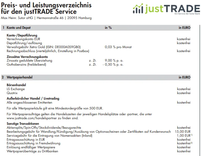 Preis-Leistungsverzeichnis für den JustTrade Depot Broker 