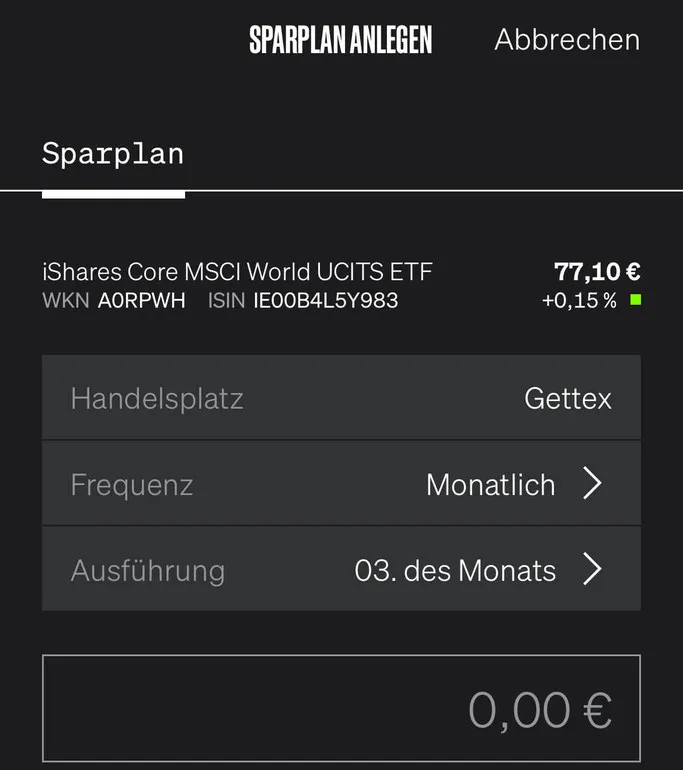 Screenshot aus der Smartbroker+ App bezüglich Sparplan Maske