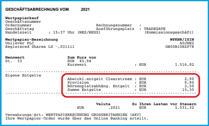 Screenshot Kaufabrechnung und Gebühren zu meinem Unilever Aktienkauf