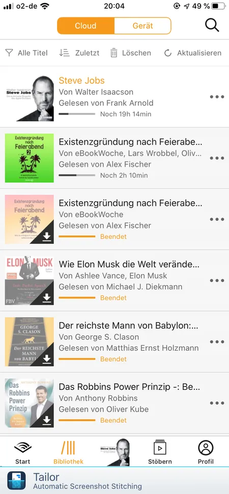 Screenshot von Audible und meinen aktuellen Hörbüchern