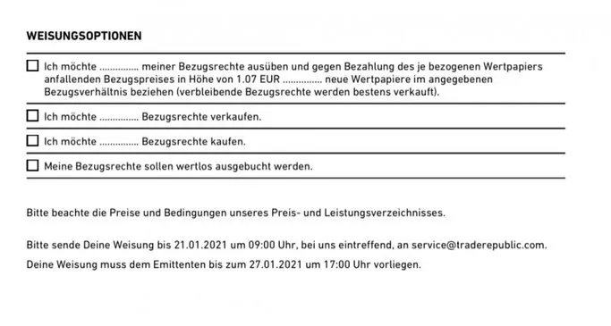 Screenshot von Trade Republic: TUI Bezugsrecht 2021