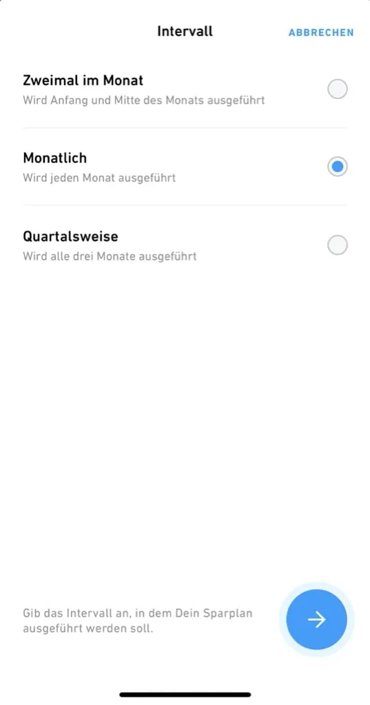 Trade Republic Sparplan einrichten: Häufigkeit der Ausführung