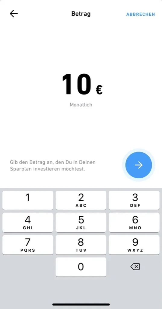 Trade Republic Sparplan einrichten: Sparbetrag eingeben