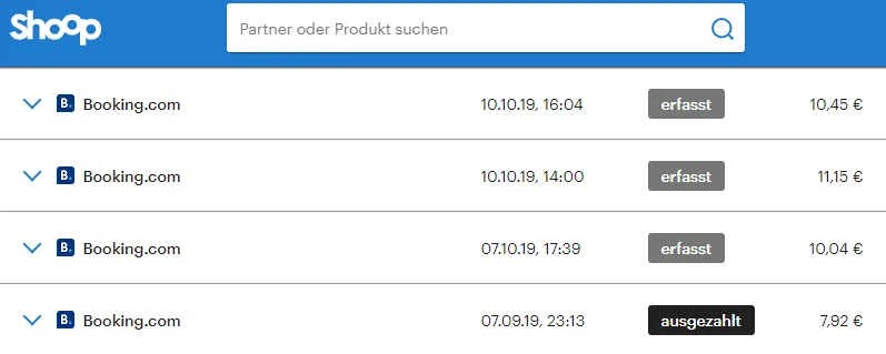 Übersicht meiner Booking.com Gutschriften auf shoop.de Cashback