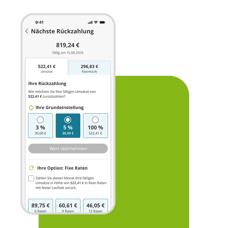 easybank App auf einem iPhone: Bildschirm zur naechsten Rueckzahlung mit den Optionen 3 Prozent, 5 Prozent und 100 Prozent sowie fixen Raten von 89,75 Euro, 60,61 Euro oder 46,05 Euro.