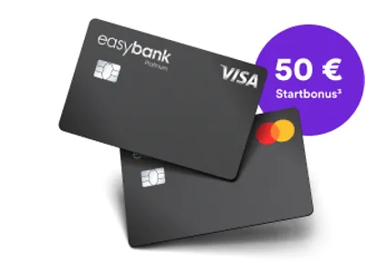 easybank Platinum Kreditkarten in schwarz mit lila 50 Euro Startbonus-Sticker, Visa und Mastercard nebeneinander.