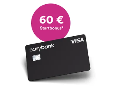 easybank Visa Kreditkarte mit pinkfarbenem 60 Euro Startbonus-Sticker fuer Neukunden.