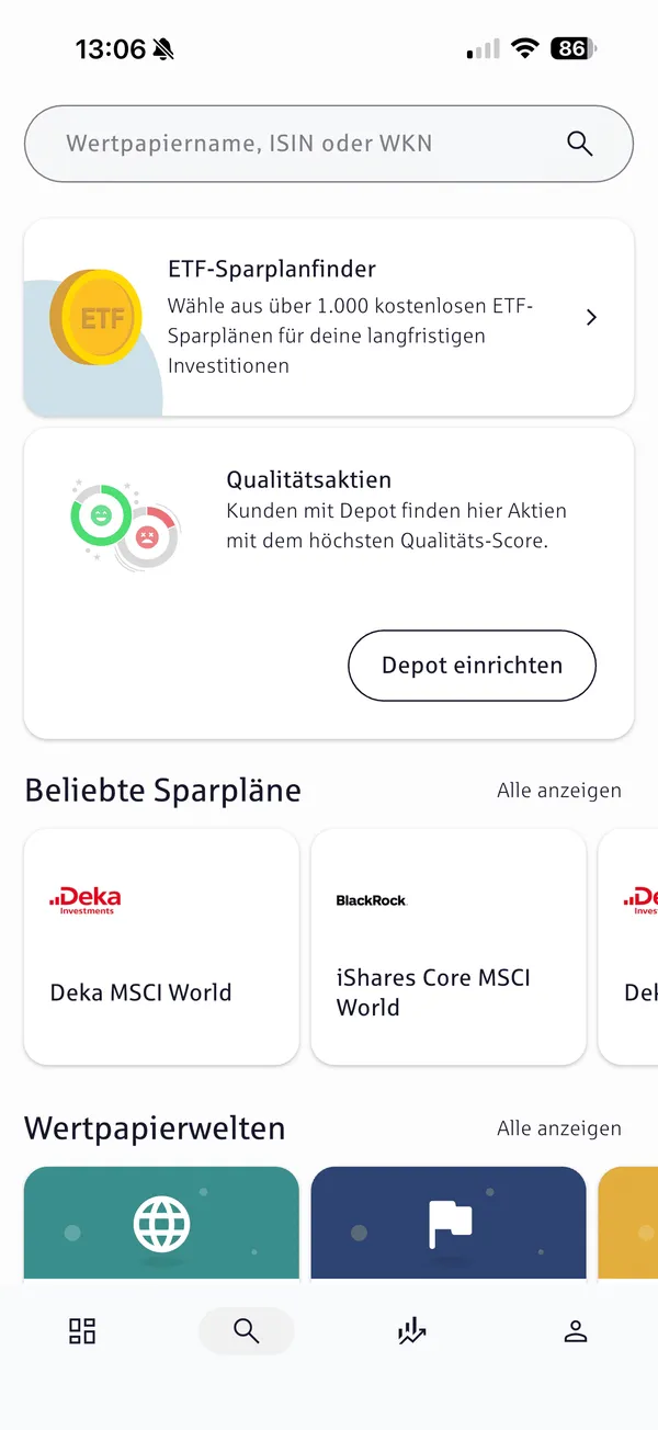 Der Entdecken-Bereich mit ETF-Sparplanfinder, Qualitätsaktien und beliebten Sparplänen.