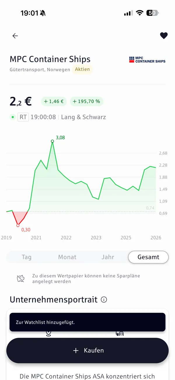 Wertpapier-Detailseite mit Realtime-Kurs, Chart und Kaufen-Button (hier MPC Container Ships).