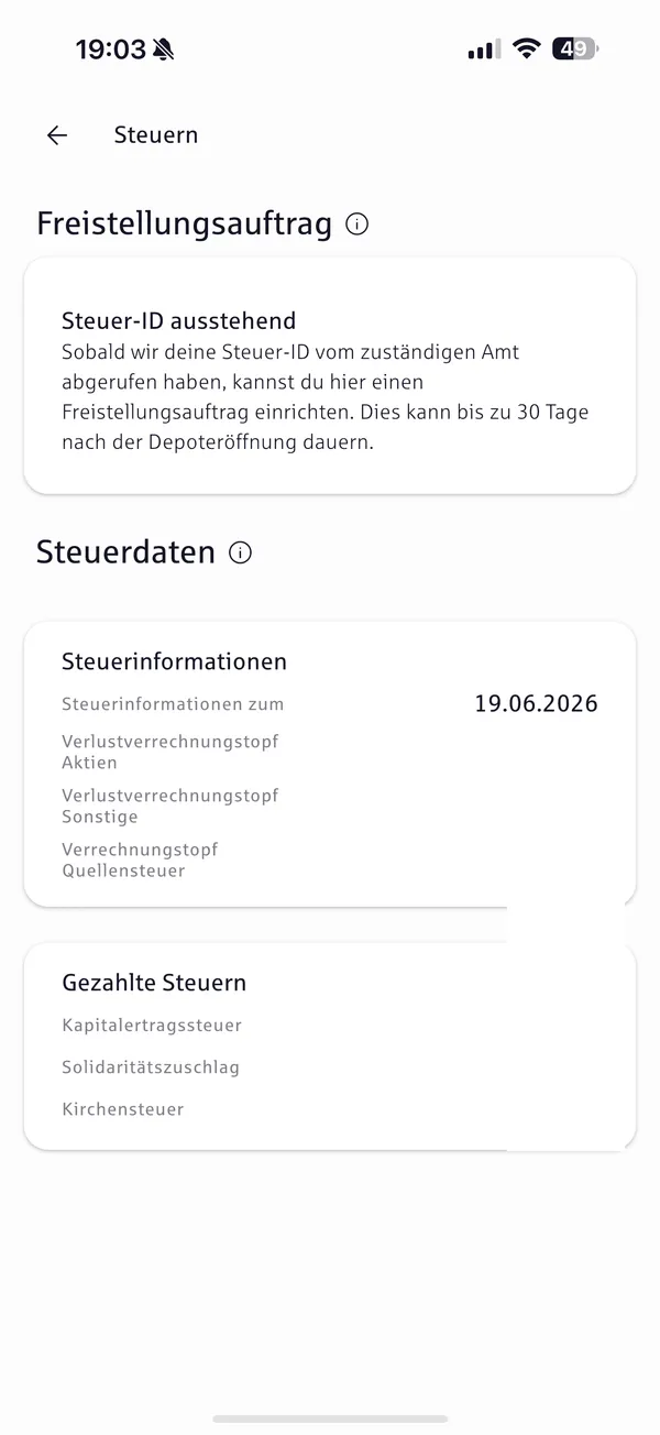 Steuerbereich mit Freistellungsauftrag und Verlustverrechnungstöpfen, direkt in der App.