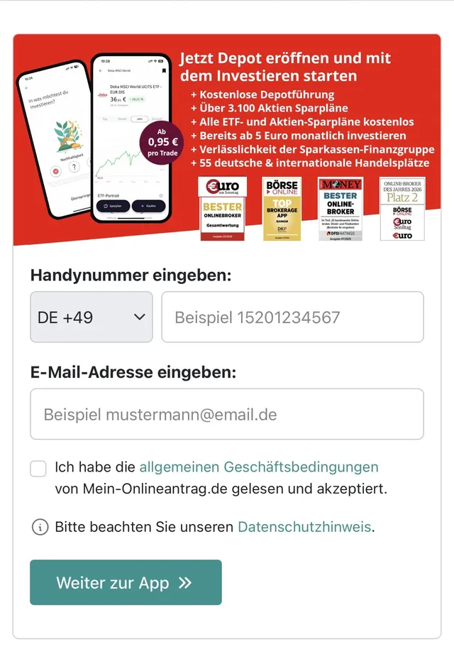 Start: Handynummer und E-Mail eingeben, dann geht es weiter in die App.
